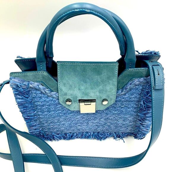 Auth Jimmy Choo Rebel Tote Raffia Suede Blue Dusk Front Clasp Handbag Preloved - Picture 3 of 14